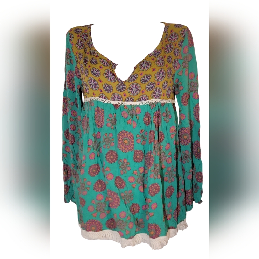 Natural Life Bohemian Patchwork Mixed Media Cottagecore Fringe Top Size S/M